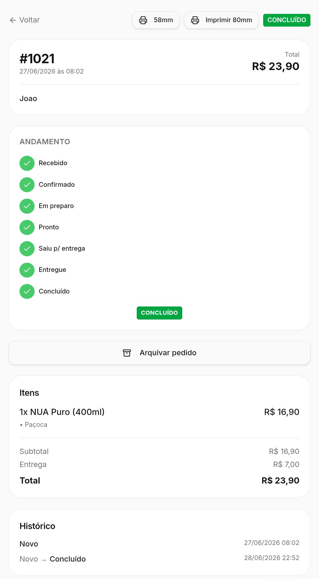 Detalhe de pedido com fluxo de status e botões de impressão